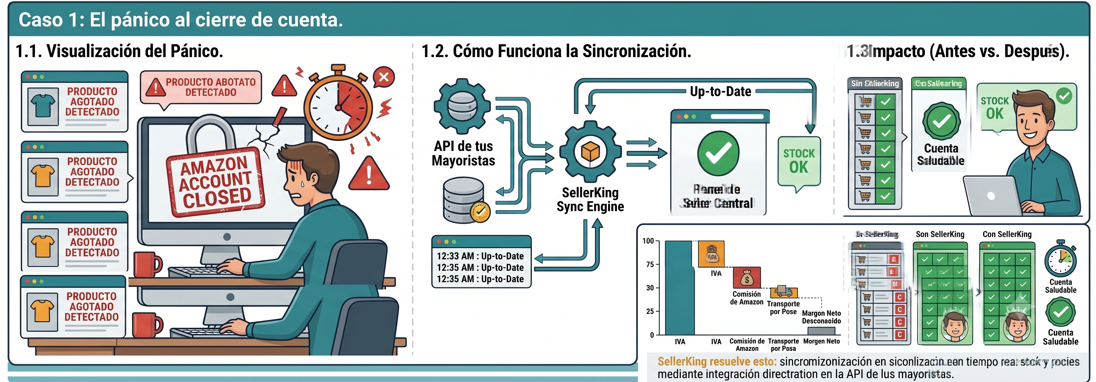 Caso 1: el pánico al cierre de cuenta por rotura de stock, y cómo SellerKing sincroniza en tiempo real con la API de tus mayoristas