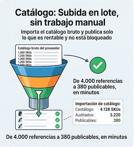 Catálogo: subida de productos en lote sin trabajo manual, de 4.000 referencias a 380 publicables en minutos