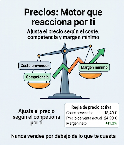 Precios: motor que reacciona por ti ajustando el precio según coste, competencia y margen mínimo